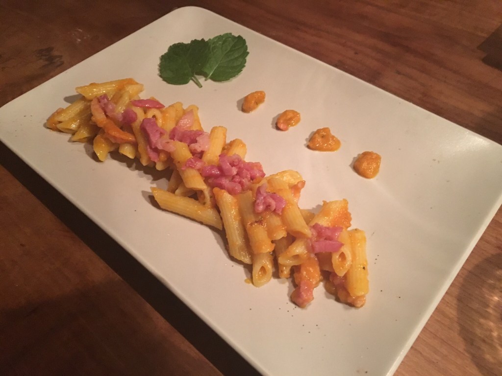 Pennette zucca pancetta e menta ….per fortuna il riso era finito 